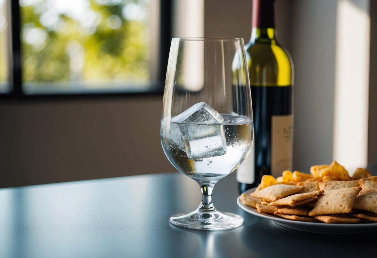 A glass of clear liquid with ice sits on a table next to a bottle of wine and a selection of low-carb snacks