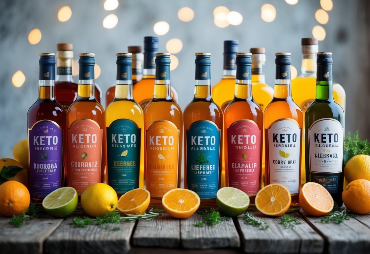 A colorful array of keto and alcohol beverages displayed on a rustic wooden table, surrounded by fresh citrus fruits and herbs