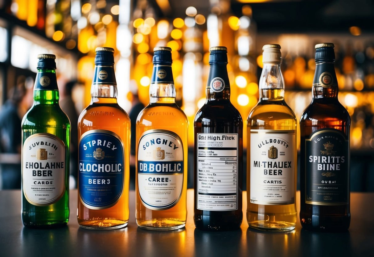 A variety of alcoholic drinks, including beer, wine, and spirits, are placed on a table. A nutrition label is visible on each bottle, highlighting the carb content