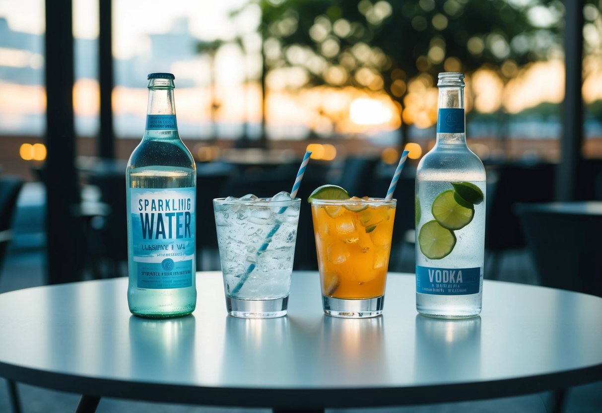 A table with keto-friendly drink options: sparkling water, unsweetened tea, and vodka with soda water and lime