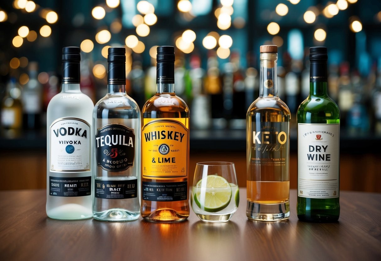 A table with keto-friendly alcohol options: vodka, tequila, whiskey, and dry wine. Low-carb mixers like soda water and lime. No sugary cocktails