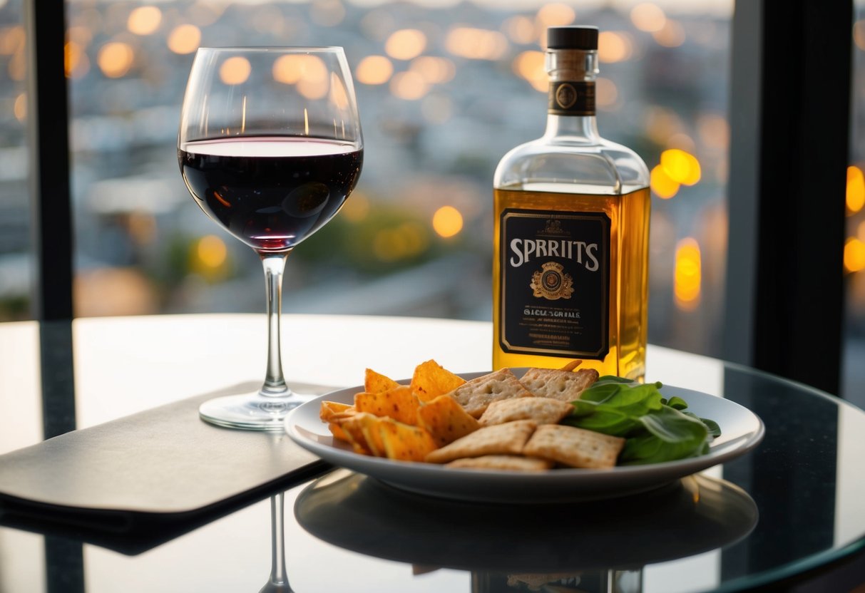 A glass of wine and a bottle of spirits next to a plate of low-carb snacks on a table