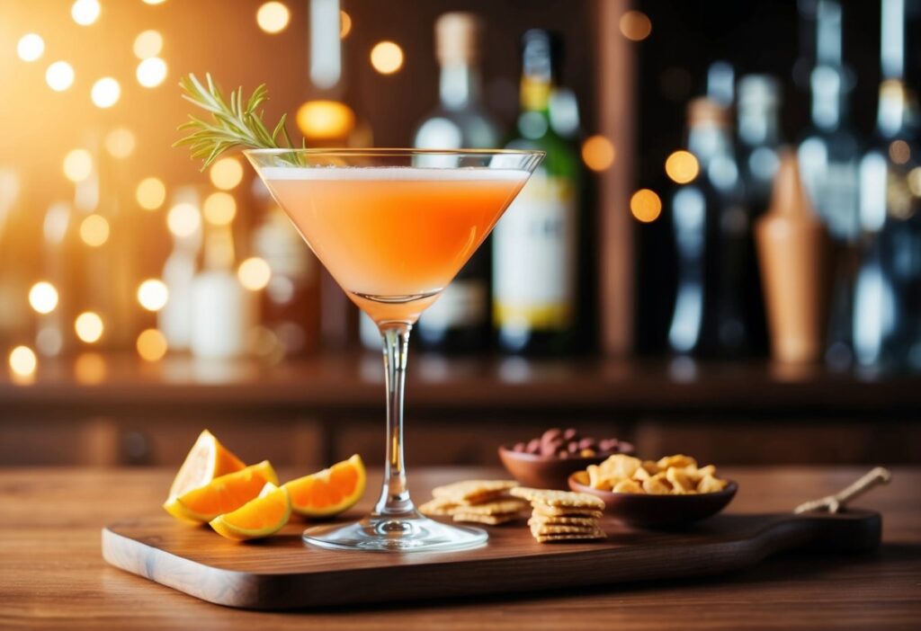 A stylish low-carb cocktail or wine glass on a wooden bar counter, surrounded by keto-friendly snacks (like cheese, olives, or nuts), soft warm lighting, elegant composition