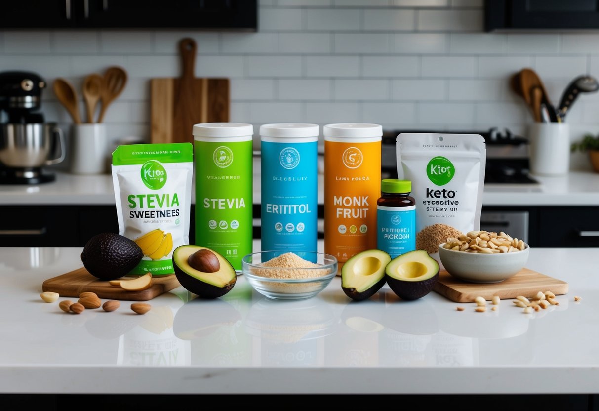 A kitchen counter with a variety of sweeteners, including stevia, erythritol, and monk fruit. Keto-friendly foods like nuts and avocados are also present