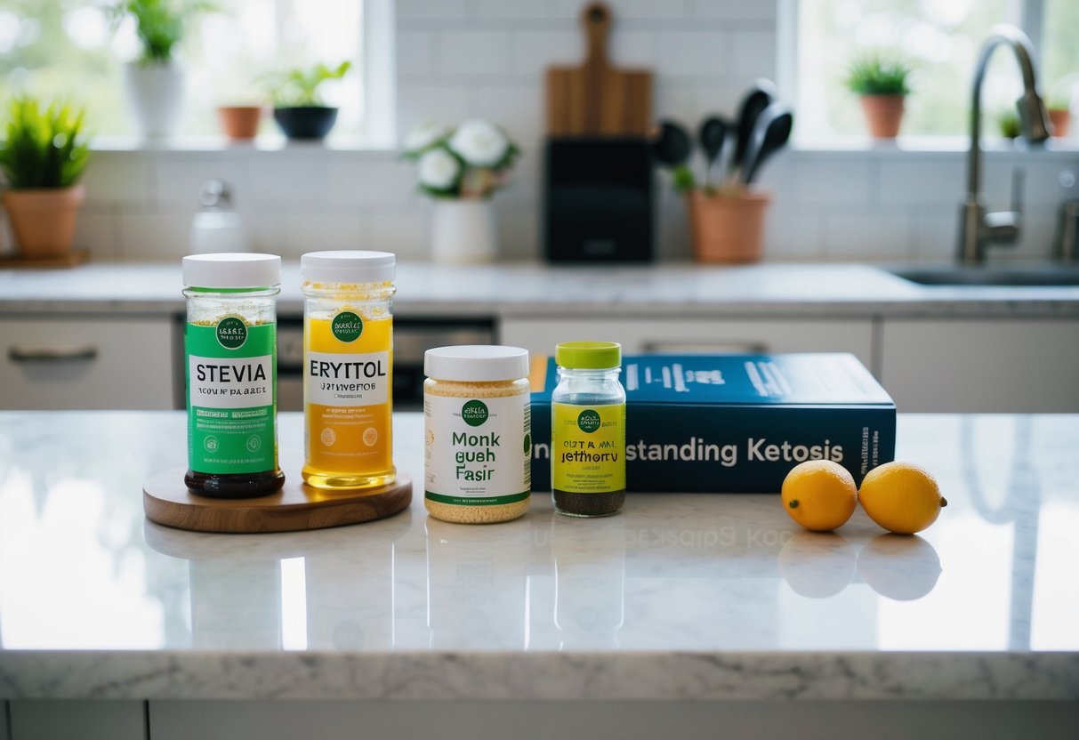 A kitchen counter with various sweeteners, including stevia, erythritol, and monk fruit, next to a book titled "Understanding Ketosis."