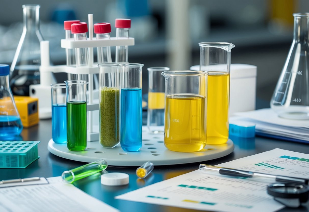 A laboratory table with test tubes and beakers filled with natural and artificial sweeteners, surrounded by scientific equipment and research papers