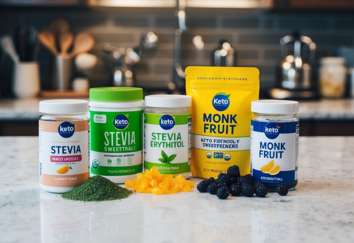 A variety of keto-friendly sweeteners, including stevia, erythritol, and monk fruit, arranged on a kitchen counter