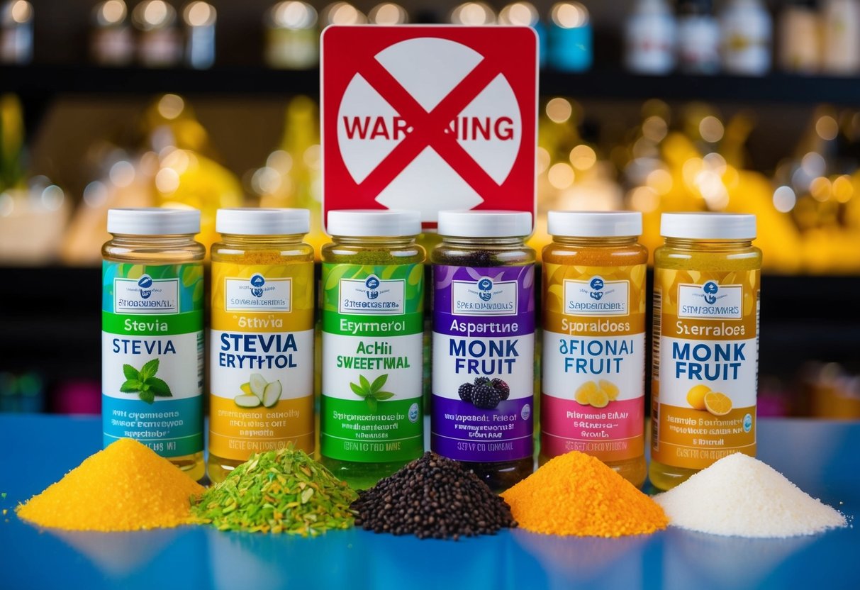 A colorful array of natural sweeteners like stevia, erythritol, and monk fruit displayed next to a warning sign with a red X over artificial sweeteners like aspartame and sucralose