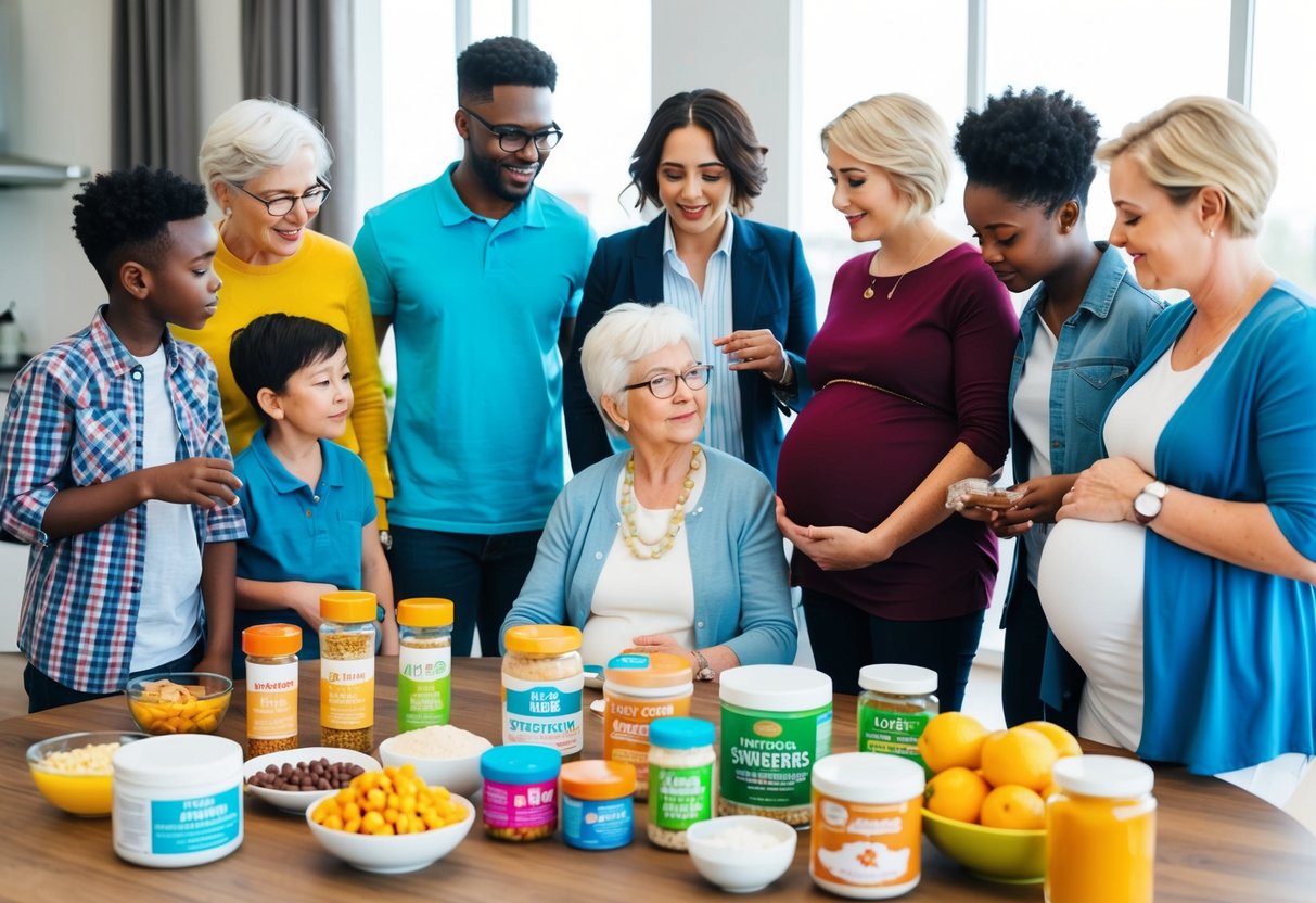 A diverse group of people, including children, elderly, and pregnant women, gathered around a table of various sweeteners and keto-friendly foods, discussing and examining the products