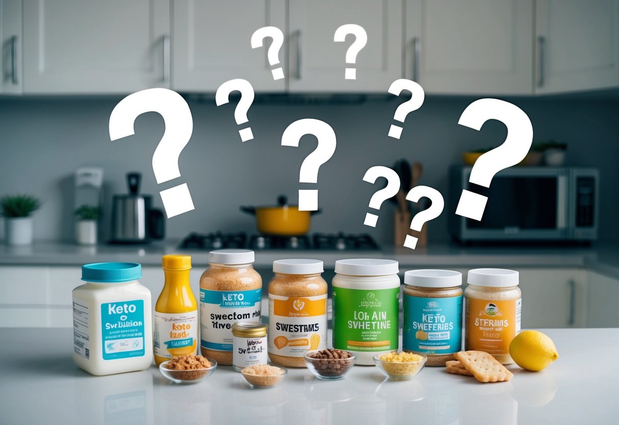 A kitchen counter with various sweeteners and keto-friendly foods, surrounded by question marks
