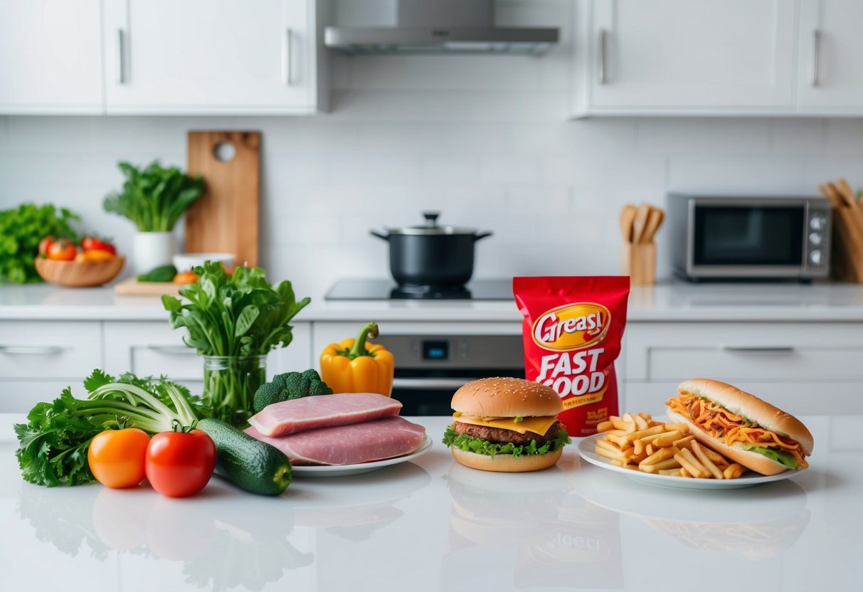 A pristine kitchen counter with fresh vegetables and lean proteins on one side, and greasy fast food and sugary snacks on the other