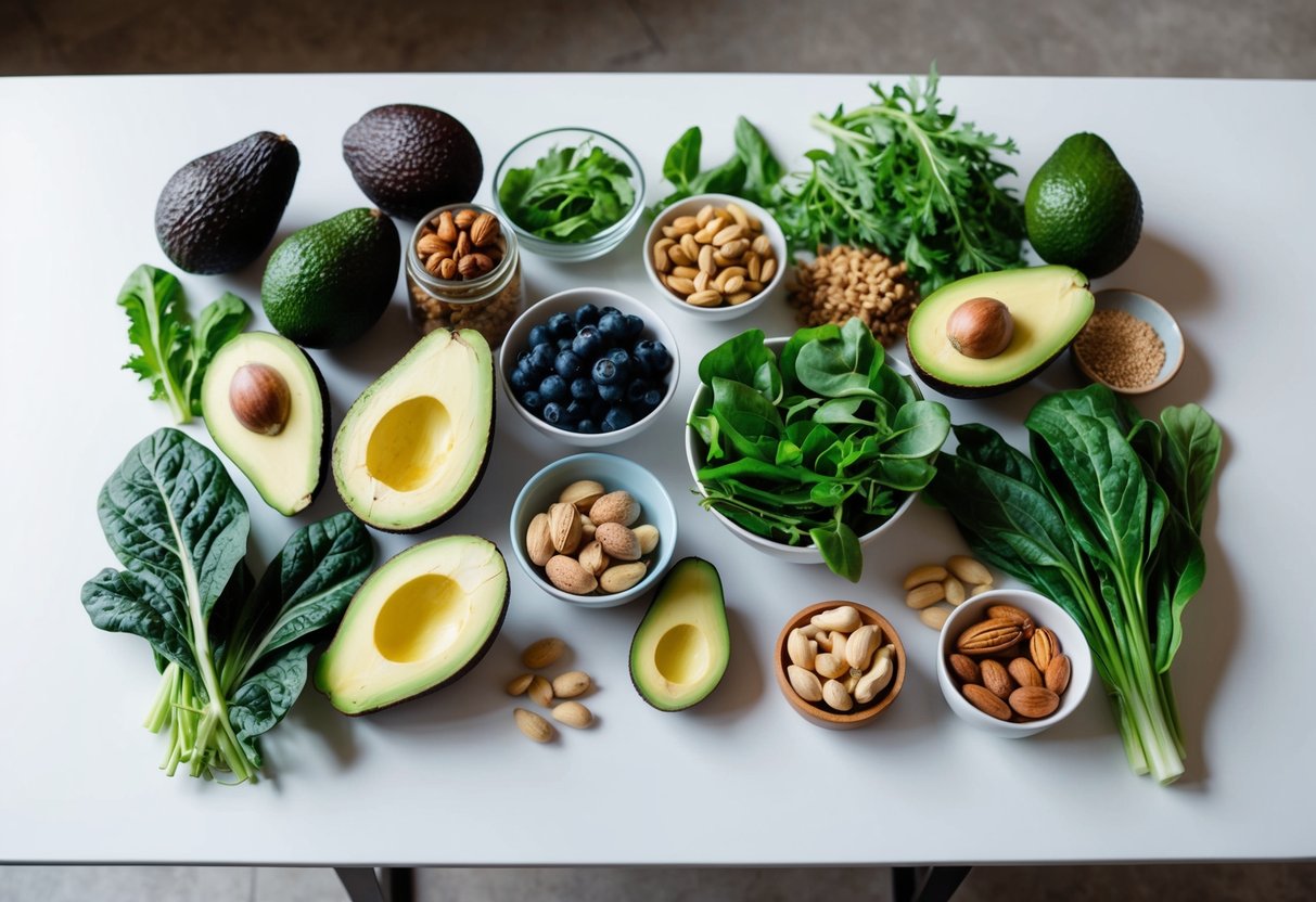 A colorful spread of fresh, whole foods like leafy greens, avocados, nuts, and lean proteins arranged on a clean, minimalist table