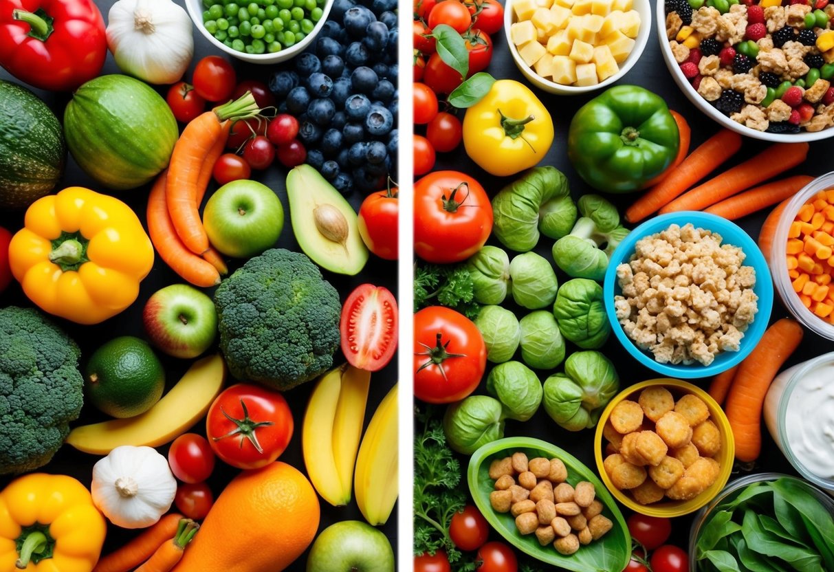 A colorful spread of fresh, whole foods on one side and processed, packaged foods on the other, with a clear divide between the two