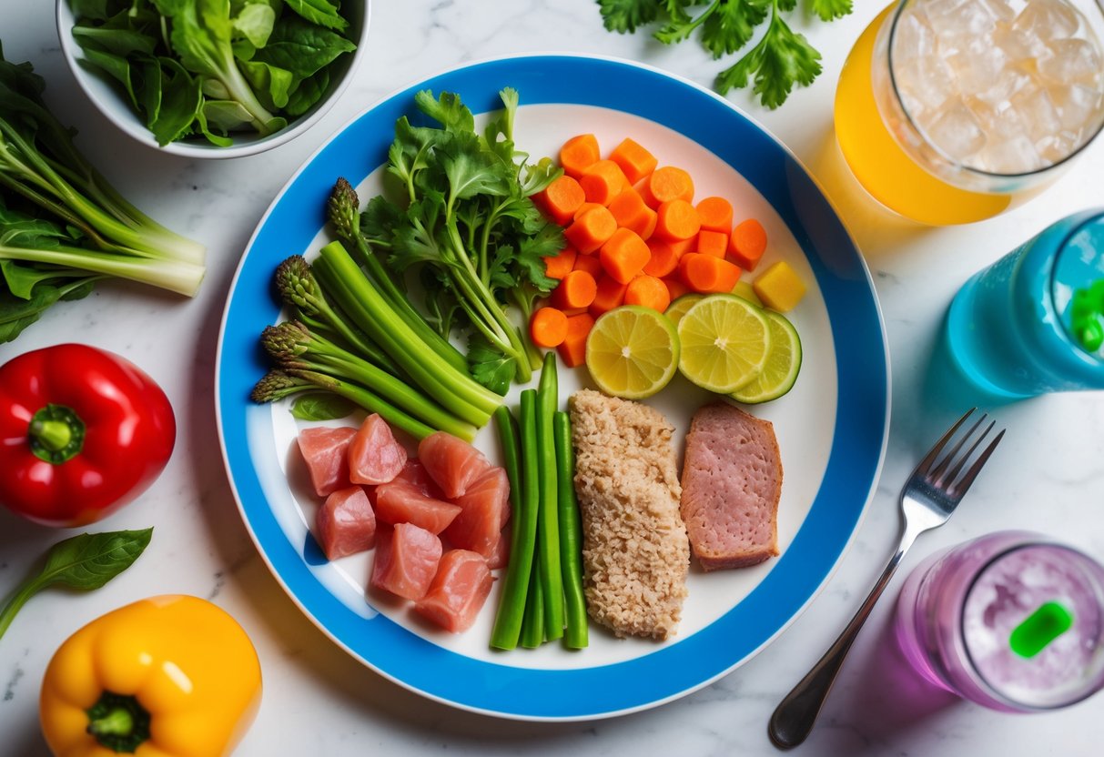 A colorful plate with fresh vegetables and lean proteins on one side, and processed foods and sugary drinks on the other