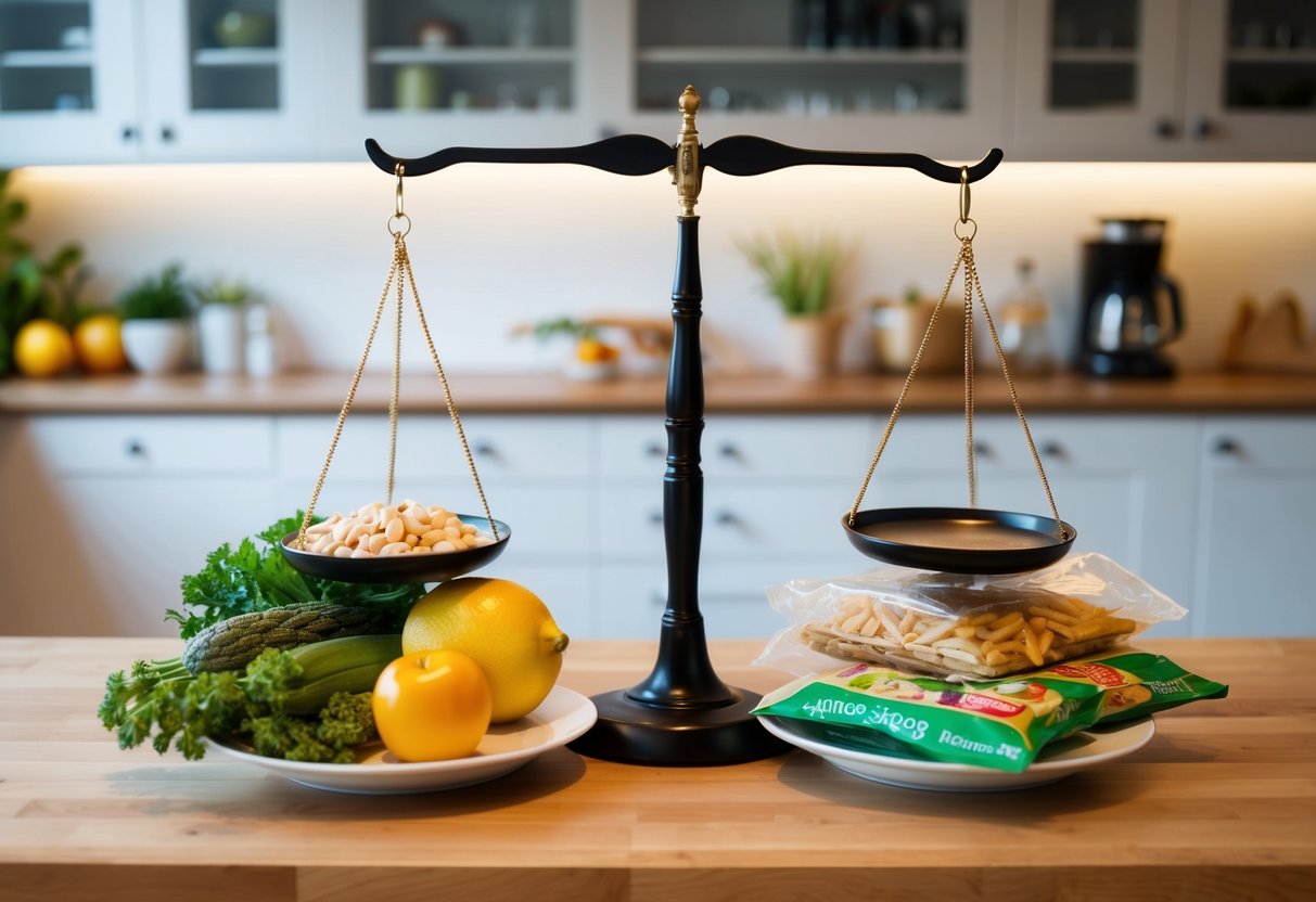 A kitchen counter with fresh, whole foods on one side and processed, packaged foods on the other, with a scale representing balance. this show clean keto vs dirty keto.