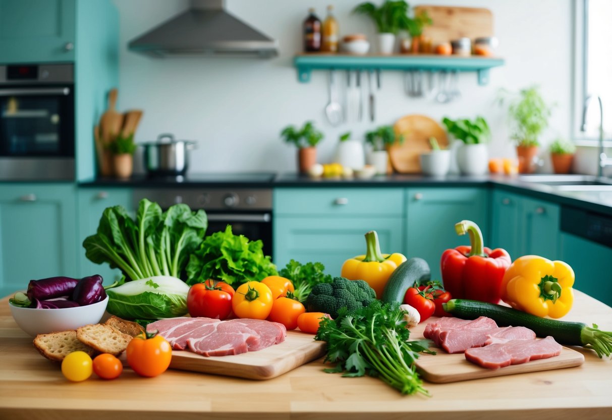 A vibrant kitchen with fresh, colorful vegetables and lean meats on one side, and processed, high-fat foods on the other