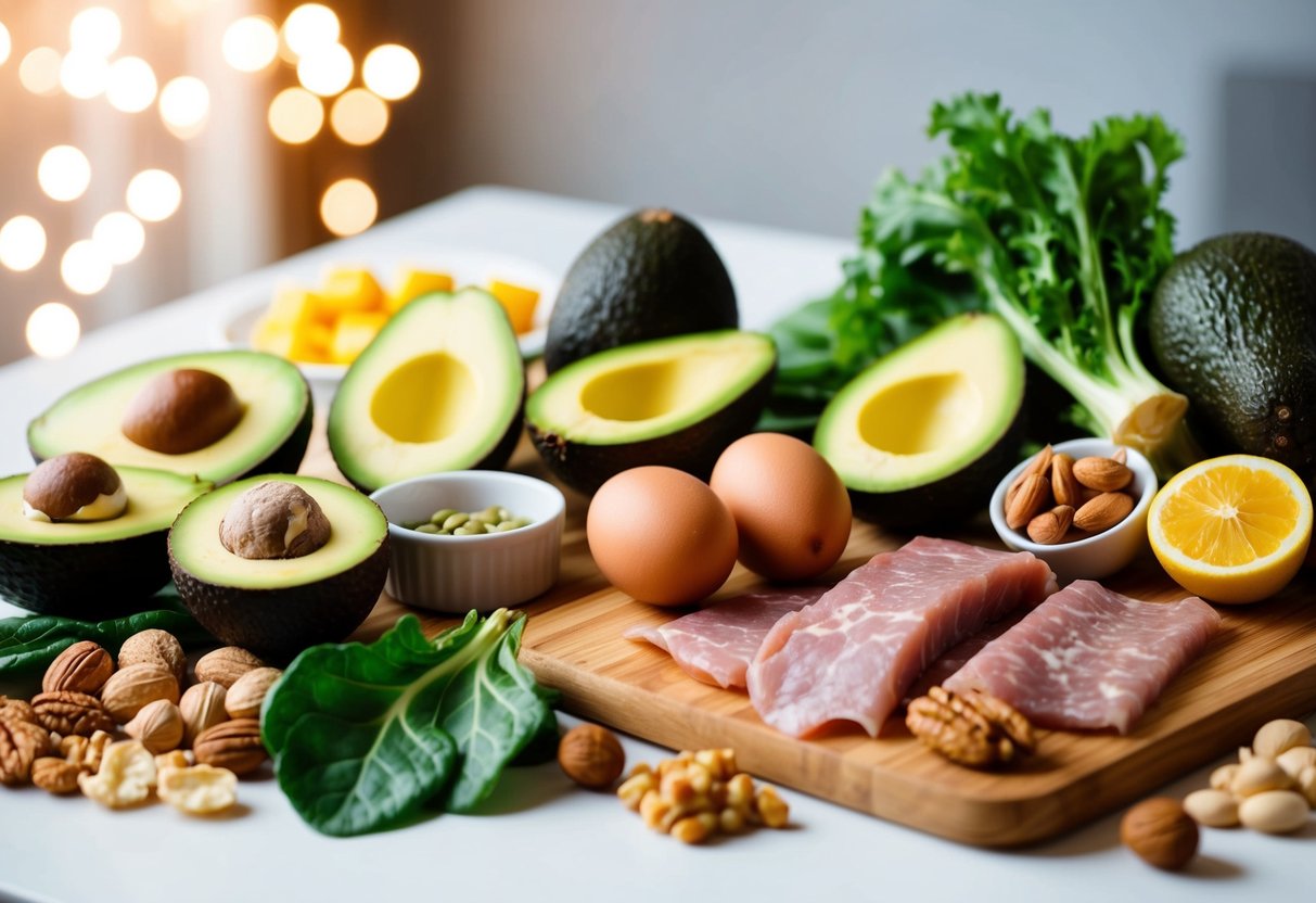 A colorful spread of keto-friendly foods arranged on a table, including avocados, eggs, nuts, leafy greens, and lean meats