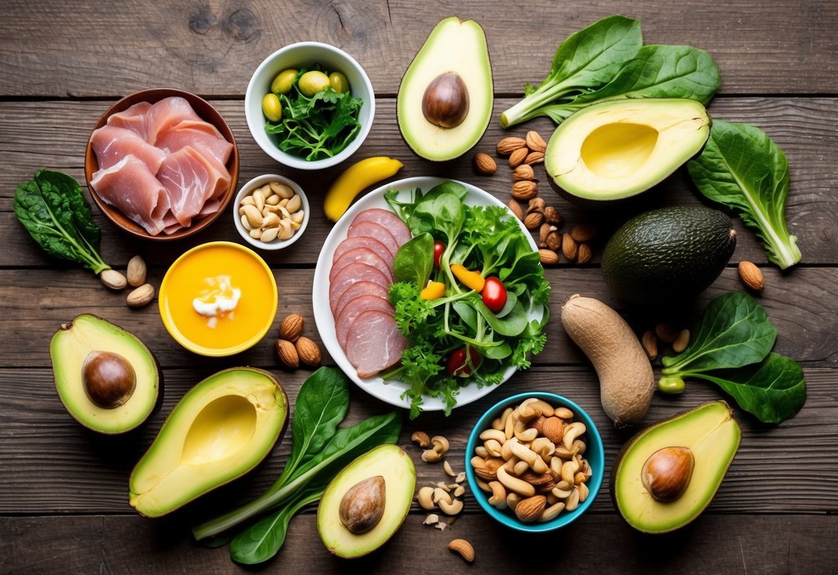 A colorful spread of various keto-friendly foods and ingredients, including avocados, leafy greens, nuts, and lean meats, arranged on a rustic wooden table