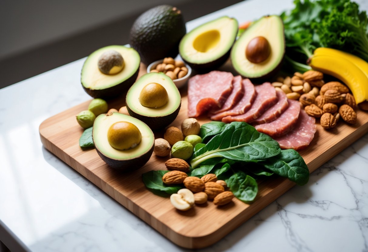 A colorful spread of assorted keto-friendly foods, including avocados, nuts, lean meats, and leafy greens, arranged on a wooden cutting board