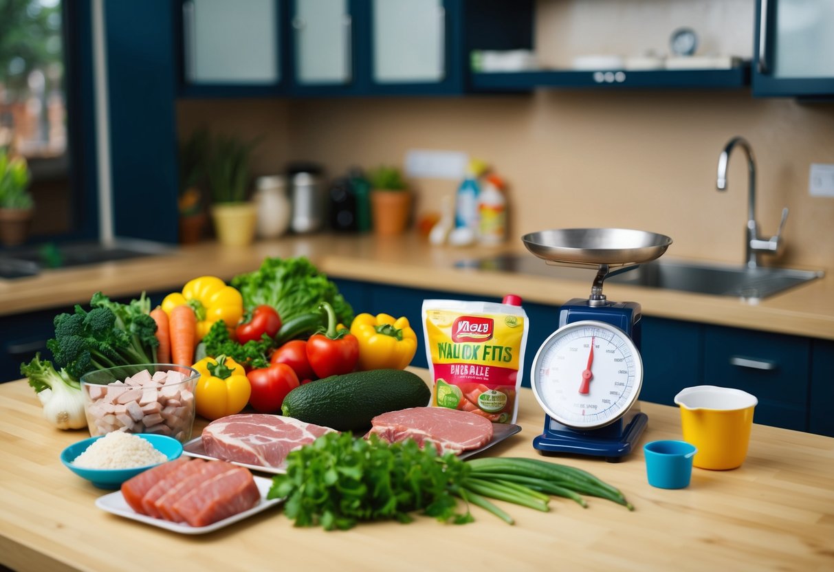 A kitchen counter with a mix of fresh vegetables, meats, and healthy fats, alongside packaged convenience foods. A scale and measuring cups sit nearby