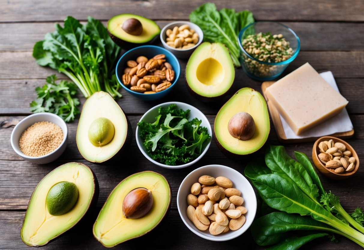 A colorful spread of keto-friendly foods and ingredients, including avocados, leafy greens, nuts, and lean proteins, arranged on a rustic wooden table