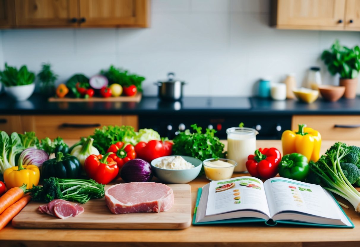 A colorful kitchen counter with a variety of fresh vegetables, meats, and dairy products arranged neatly. A cookbook open to a page with keto-friendly recipes