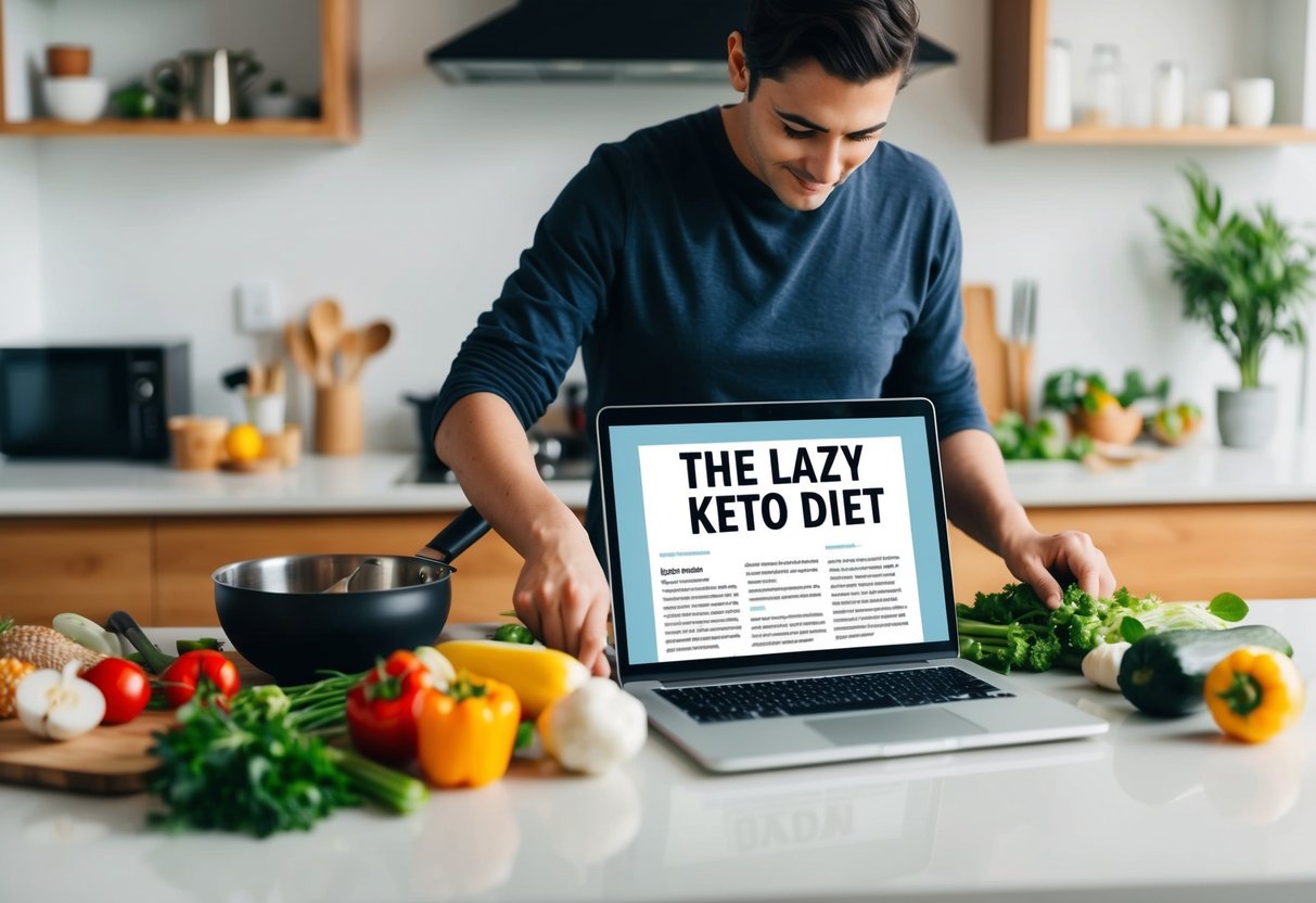 A person cooking in a modern kitchen, surrounded by fresh ingredients and various cooking utensils. A laptop displaying articles on Is Lazy Keto effective is open on the counter
