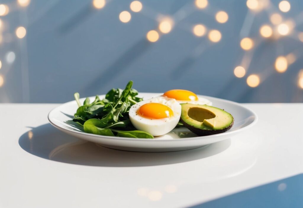 A clean overhead shot of a healthy lazy keto meal — eggs, avocado, leafy greens, and cheese on a white plate with minimal background. Bright lighting, health-themed vibe.