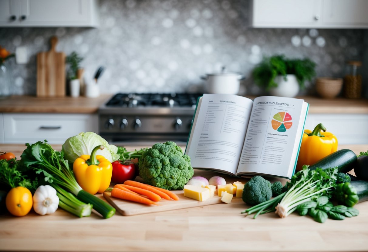 A kitchen counter with a variety of fresh vegetables, lean proteins, and healthy fats spread out, along with a keto-friendly cookbook open to a recipe page
