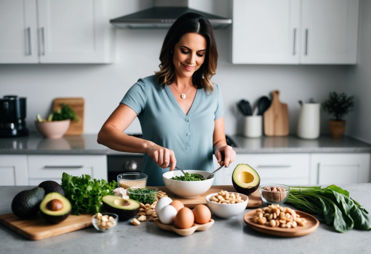 A kitchen counter with various keto-friendly foods and ingredients such as avocados, eggs, leafy greens, nuts, and lean meats. A woman in her 40s preparing a keto-friendly meal