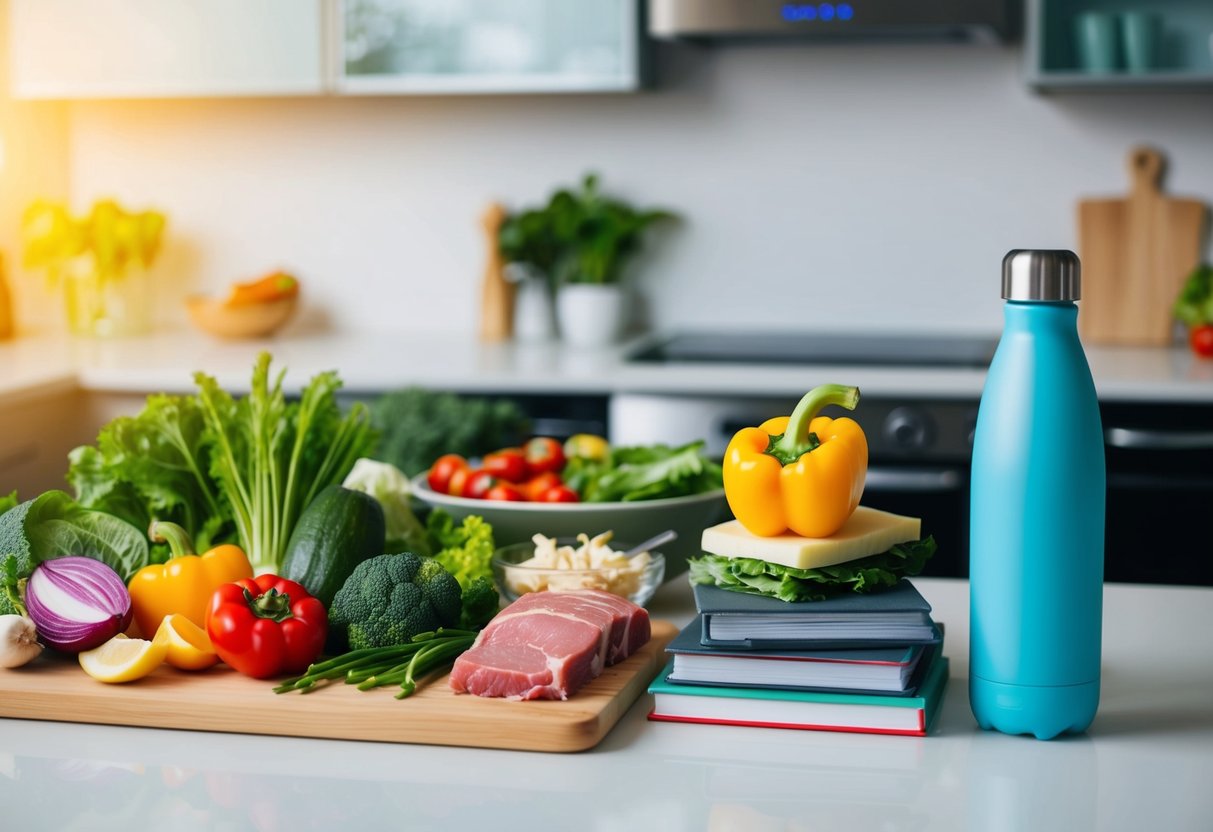 A kitchen counter with fresh vegetables, lean meats, and healthy fats arranged for meal prep, alongside a stack of keto recipe books and a water bottle