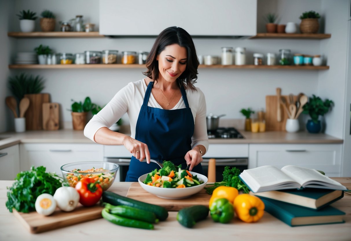 A woman in her 40s preparing a keto meal with fresh vegetables and lean protein, surrounded by keto-friendly ingredients and recipe books