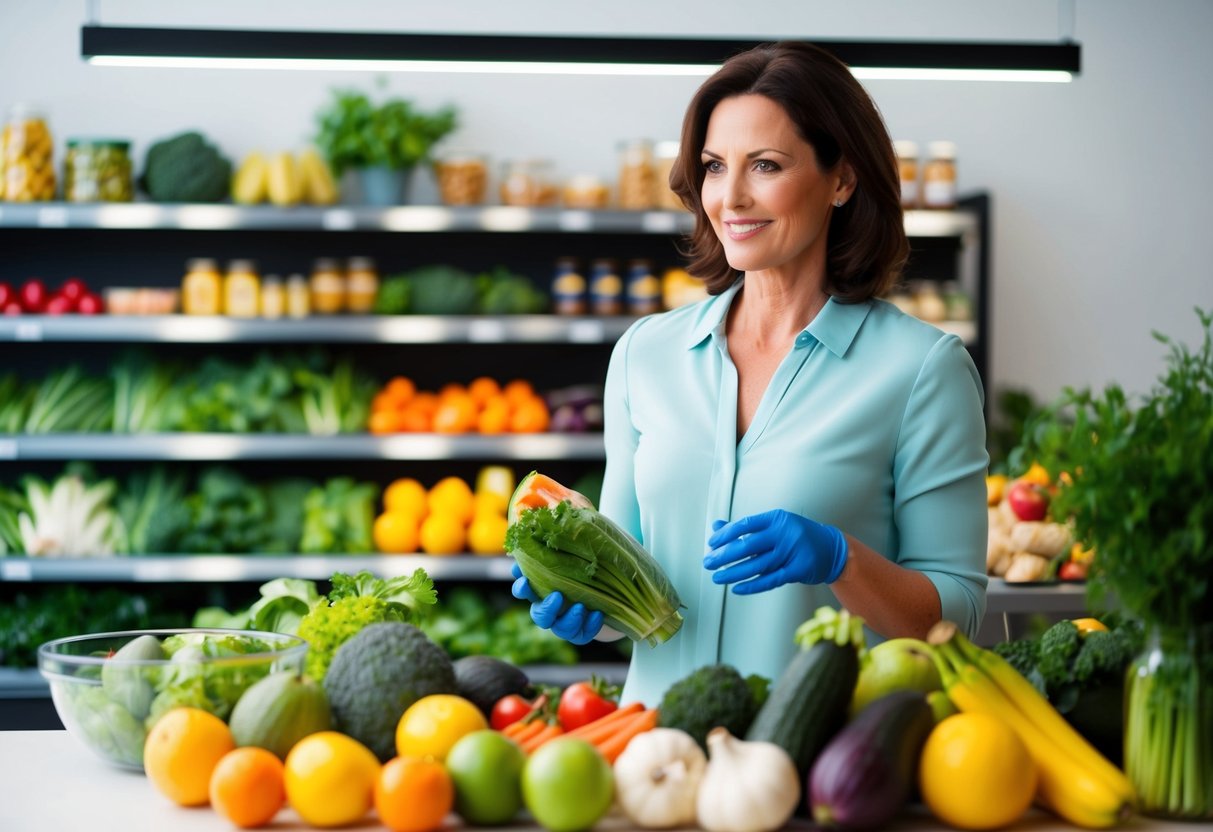 A woman in her 40s grocery shopping for keto-friendly foods, surrounded by fresh produce and healthy ingredients