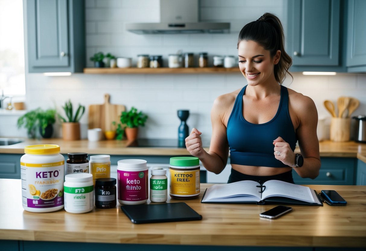 A kitchen counter with various keto-friendly foods and supplements, a woman's fitness attire, and a journal for tracking progress