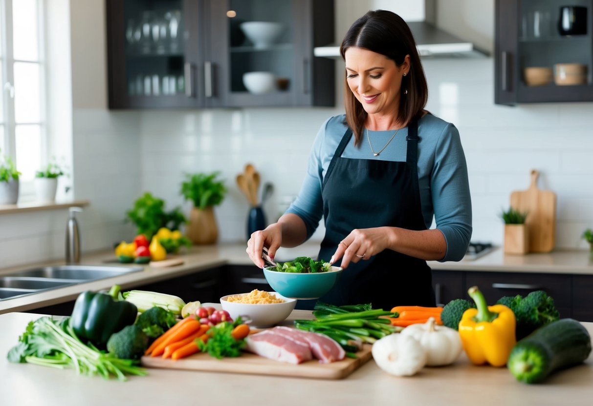 Showing keto after 40, a woman in her 40s preparing a keto-friendly meal with various fresh vegetables, lean meats, and healthy fats spread out on a kitchen counter