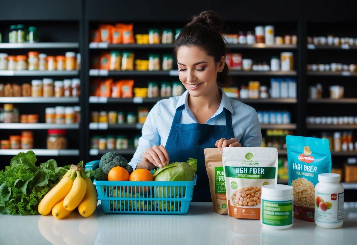 A person grocery shopping, selecting high-fiber foods and supplements