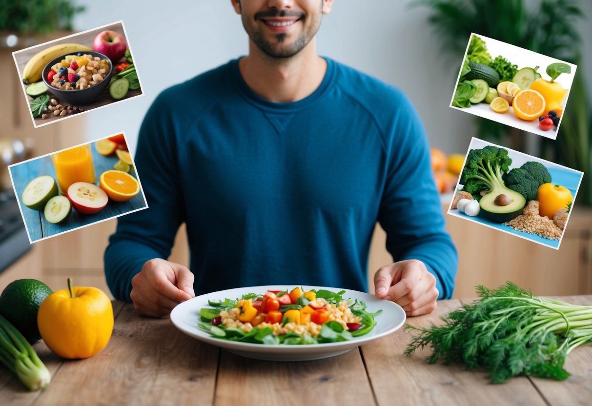 A person sitting at a table with a plate of keto-friendly foods, surrounded by images of fruits, vegetables, and fiber-rich foods