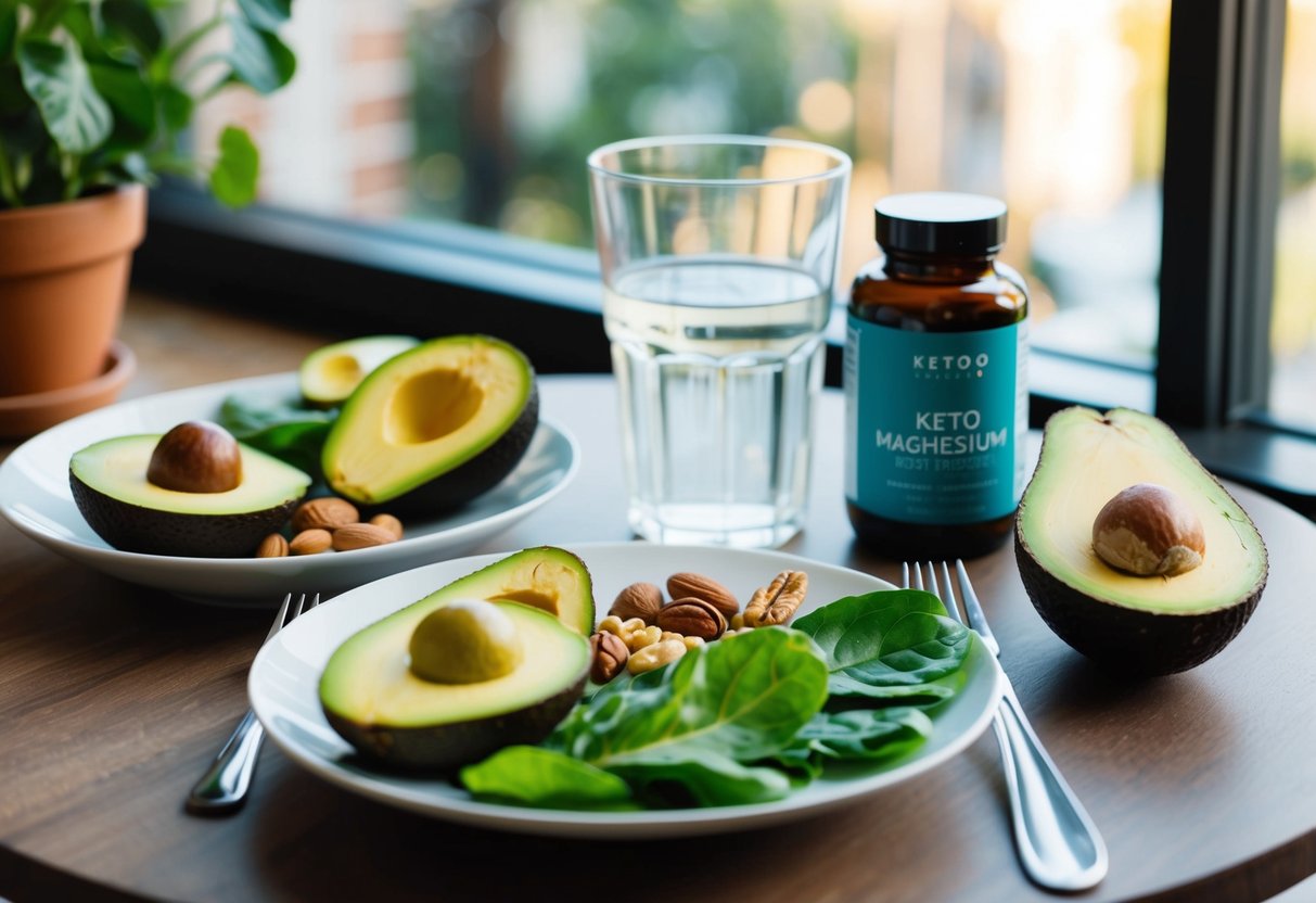 A table set with keto-friendly foods like avocados, nuts, and leafy greens, with a glass of water and a bottle of magnesium supplements nearby