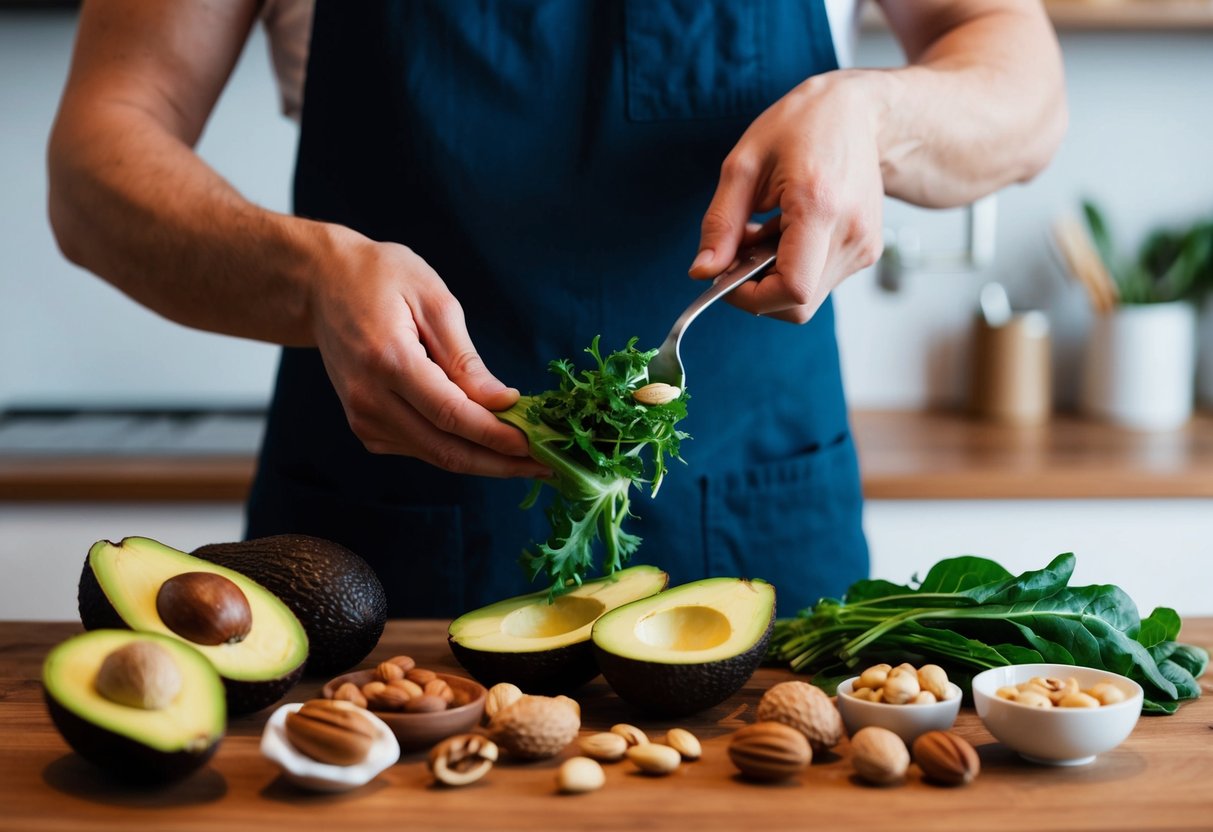 A person preparing a variety of high-fiber, keto-friendly foods such as avocados, nuts, and leafy greens