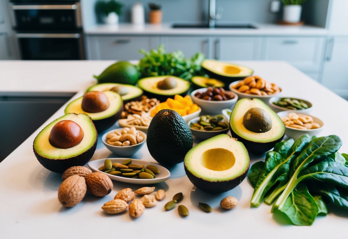 A colorful array of high-fiber keto-friendly foods, such as avocados, nuts, seeds, and leafy greens, arranged on a clean, modern kitchen counter
