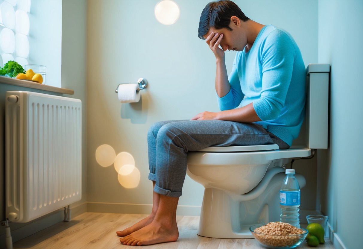 A person sitting on a toilet, looking uncomfortable, with a bottle of water and high-fiber foods nearby
