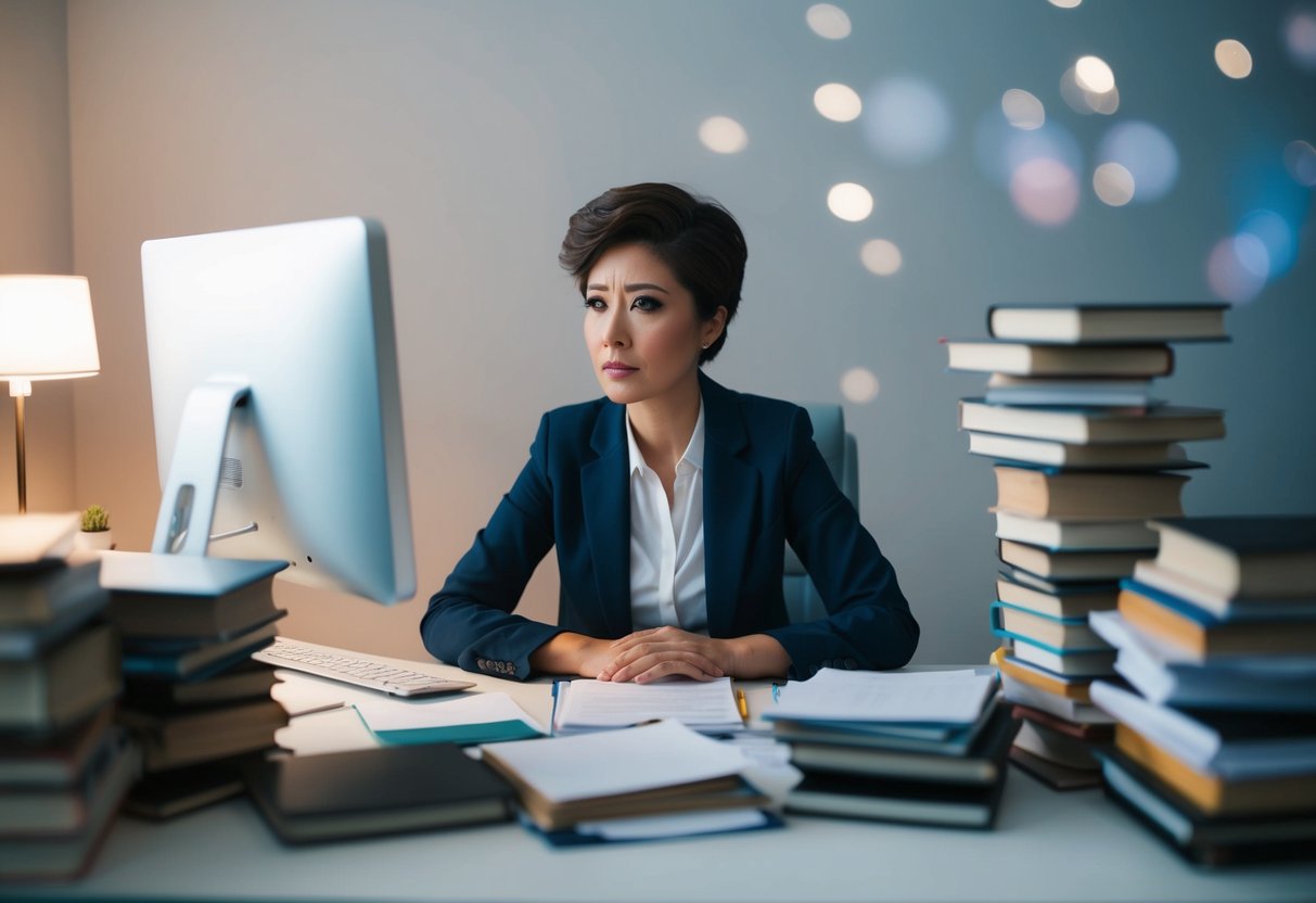 A person sitting at a desk with a computer, surrounded by piles of books and papers, with a concerned expression on their face to learn about keto and constipation.