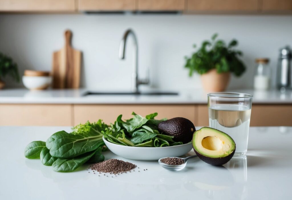 A modern kitchen counter with bowls of leafy greens, chia seeds, sliced avocado, and a glass of water. Soft lighting, clean background, labeled as “Keto-Friendly Fiber Foods