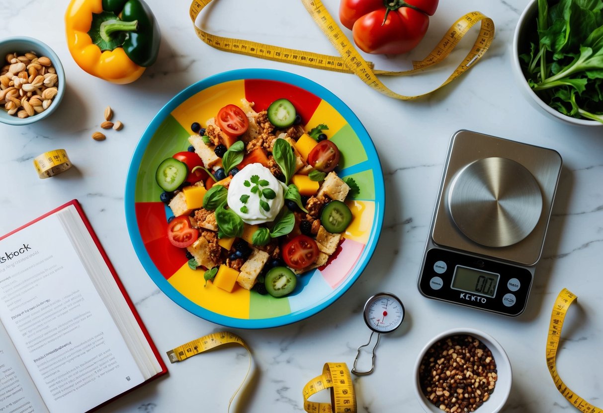 A colorful plate filled with keto-friendly foods, surrounded by measuring tape and a scale. An open cookbook with keto recipes sits nearby