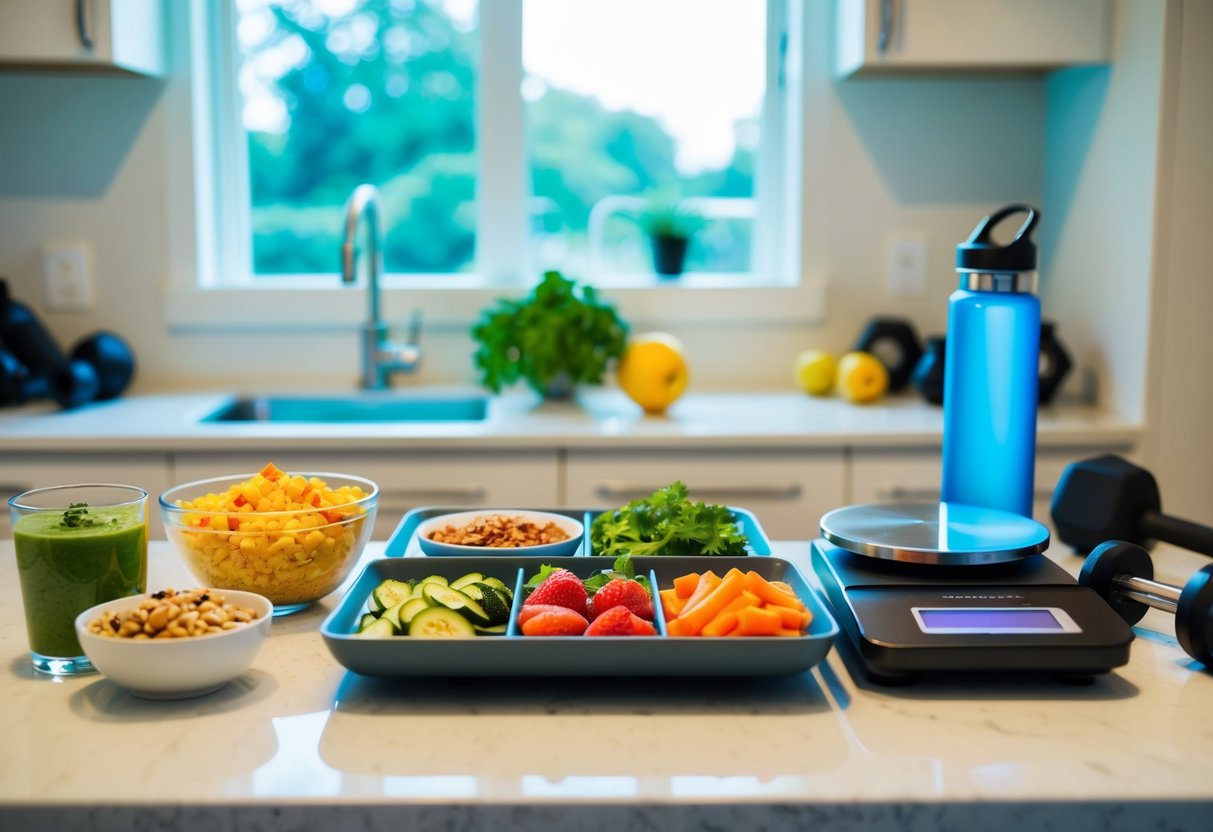 A kitchen counter lined with keto-friendly foods and a scale, surrounded by workout equipment and a water bottle