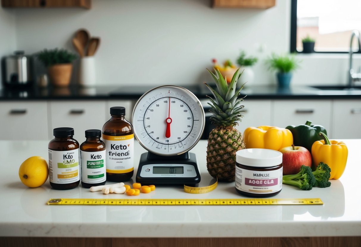 A kitchen counter with various keto-friendly foods and supplements, a scale, and a tape measure laid out for assessment