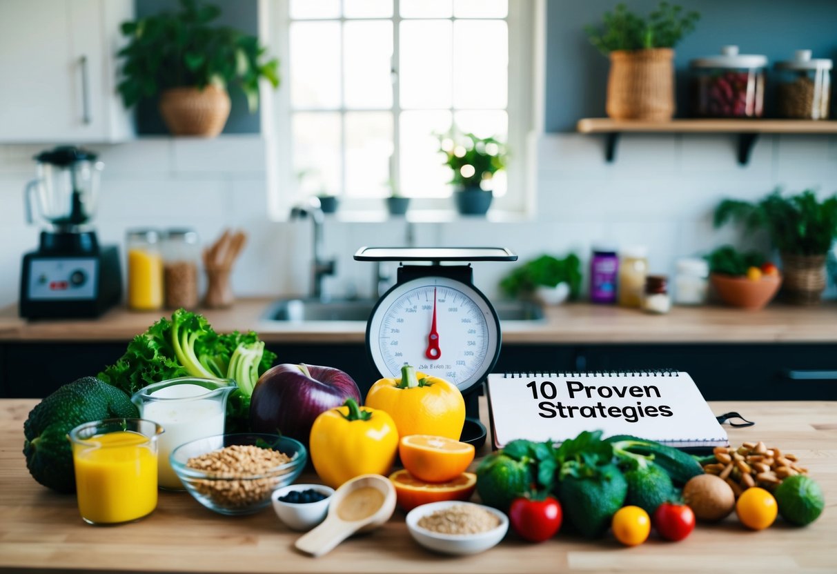 A variety of keto-friendly foods and ingredients arranged on a kitchen counter, with a measuring scale and a notebook with "10 Proven Strategies for weight loss stall on keto" written on it