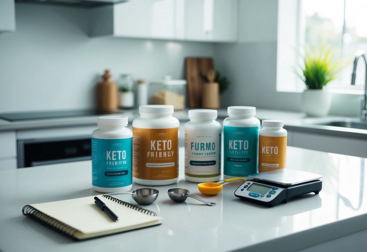 Various keto-friendly supplements and products are arranged on a clean, modern kitchen counter. A scale and measuring spoons are nearby, along with a notebook and pen for tracking progress