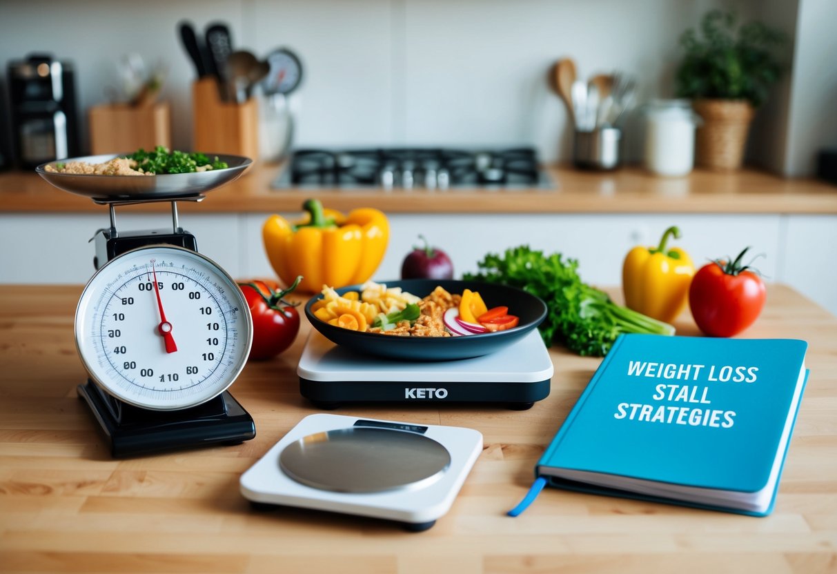 A kitchen counter with various keto-friendly foods and cooking utensils, a scale, and a notebook with "weight loss stall strategies" written on the cover