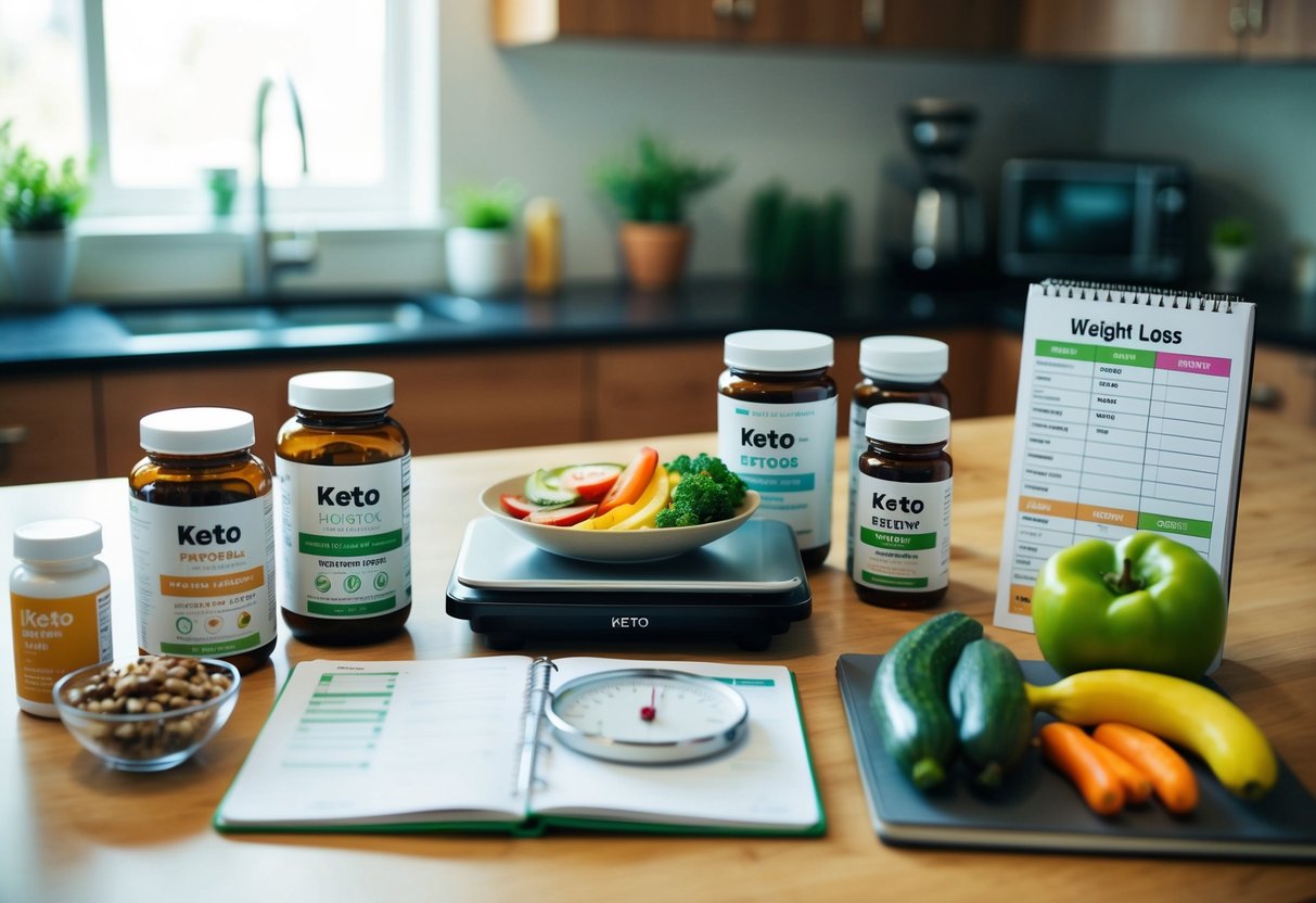 A kitchen counter with various keto-friendly foods and supplements, a scale, and a notebook with weight loss progress charts